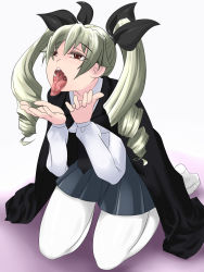  10s 1girl anchovy_(girls_und_panzer) black_cape cape chemical_flow colored_eyelashes drill_hair female_focus girls_und_panzer green_hair hair_ribbon highres long_hair long_tongue open_mouth oral_invitation pantyhose red_eyes ribbon saliva school_uniform skirt solo tongue tongue_out twin_drills twintails  rating:Questionable score:8 user:armorcrystal