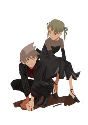  1boy 1girl absurdres black_dress black_gloves black_necktie black_shoes blonde_hair breasts closed_mouth collared_shirt commentary couple dress elbow_gloves formal_clothes full_body gloves grey_hair grin hair_between_eyes hair_ribbon hetero highres maka_albarn medium_breasts necktie pants pinstripe_jacket pinstripe_pants pinstripe_pattern pinstripe_suit red_eyes red_shirt ribbon sharp_teeth shirt shoes short_hair short_twintails sitting sitting_on_person smile sona_(mmediocreman) soul_eater soul_evans spiked_hair squatting suit teeth twintails white_background 