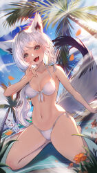  &gt;_&lt; 1girl 1other absurdres alternate_costume animal_ear_piercing animal_ears bare_shoulders beach bikini blue_sky blush braid breasts cloud collarbone demonasa fox_ears fox_girl fox_shadow_puppet fox_tail green_eyes highres hololive medium_breasts navel o-ring o-ring_bikini open_mouth palm_tree pentagram shirakami_fubuki side-tie_bikini_bottom sky smile solo_focus stomach sukonbu_(shirakami_fubuki) swimsuit tail tree virtual_youtuber white_bikini 