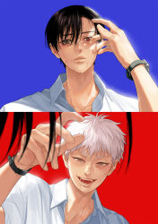  2boys adam&#039;s_apple black_hair blue_background closed_mouth collared_shirt fingernails hair_between_eyes highres hikaru_ga_shinda_natsu indou_hikaru lips looking_at_viewer male_focus mole mole_on_cheek mole_on_neck mole_under_eye mole_under_mouth multiple_boys multiple_moles nose open_mouth pov red_background red_pupils shirt short_hair simple_background smile sweat teeth tongue tsujinaka_yoshiki twoframe upper_body watch white_hair white_shirt wristwatch 