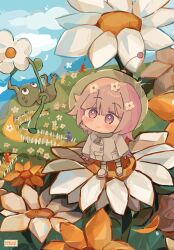 1girl alternate_costume artist_name blue_pikmin blue_sky blush brown_hair chibi closed_mouth cloud crossover danganronpa_(series) danganronpa_2:_goodbye_despair day eekoqi fence flower glint grass hair_flower hair_ornament helmet highres long_sleeves nanami_chiaki non-web_source on_flower outdoors page_number pikmin_(creature) pink_eyes red_pikmin sky smile space_helmet standing sweat white_flower yellow_pikmin 