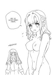  2girls absurdres ai_(girls_band_cry) blush breasts commentary girls_band_cry habsida_(habsida_hpy) half_updo highres korean_text large_breasts multiple_girls nipples nude one_side_up open_mouth rin_(girls_band_cry) shirt sidelocks translation_request 