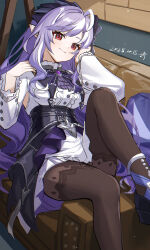  1girl absurdres ahoge armpit_cutout black_skirt breasts brooch clothing_cutout dated highres jewelry long_hair long_sleeves medium_breasts pantyhose pointy_ears purple_hair red_eyes shirt sitting skirt solo very_long_hair vivian_(zenless_zone_zero) wangqi white_shirt zenless_zone_zero 