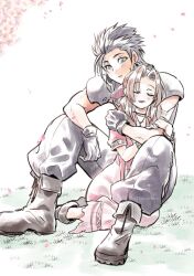  1boy 1girl aerith_gainsborough aozora_airu armor baggy_pants black_gloves black_hair blue_eyes blush boots brown_boots brown_hair cherry_blossoms closed_eyes commentary_request couple cross_scar cuddling dress facial_scar falling_petals final_fantasy final_fantasy_vii final_fantasy_vii_remake full_body gloves grass hair_ribbon holding_another&#039;s_arm jacket knees_up long_hair open_mouth outdoors pants parted_bangs petals pink_dress pink_petals pink_ribbon red_jacket ribbon scar scar_on_cheek scar_on_face short_hair shoulder_armor sitting sitting_between_lap zack_fair 