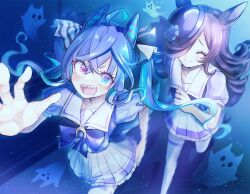  2girls @_@ ahoge animal_ears blue_eyes blue_hair bow bowtie brown_hair closed_eyes closed_mouth commentary crossed_bangs flower ghost hair_bow hair_over_one_eye hat hat_flower heterochromia highres horse_ears horse_girl horse_tail kamiya_zuzu long_hair looking_at_viewer mini_hat motion_blur multicolored_hair multiple_girls open_mouth petticoat pleated_skirt purple_bow purple_bowtie purple_eyes purple_shirt raised_eyebrow rice_shower_(umamusume) running sailor_collar school_uniform sharp_teeth shirt short_sleeves sidelocks skirt smile striped_bow tail teeth thighhighs tracen_school_uniform twin_turbo_(umamusume) twintails two-tone_hair umamusume white_sailor_collar white_skirt white_thighhighs 