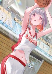  1girl absurdres alternate_costume armpits arms_up ball bare_shoulders basketball basketball_(object) basketball_uniform blush breasts cleavage collarbone colored_inner_hair commentary commission cowboy_shot grey_hair highres indoors kobassy link!_like!_love_live! looking_up love_live! medium_breasts midriff_peek multicolored_hair navel open_mouth pink_eyes red_hair short_hair shorts skeb_commission solo sportswear streaked_hair sweat tank_top virtual_youtuber white_shorts white_tank_top yugiri_tsuzuri 
