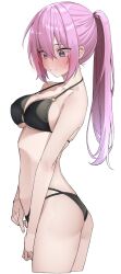 1girl absurdres bikini black_bikini blush commentary cowboy_shot ear_blush from_side halterneck highres kawai_ritsu_(rits_meg) kawaii_dake_ja_nai_shikimori-san looking_down nose_blush o-ring o-ring_bikini open_mouth pink_hair ponytail purple_eyes shikimori_miyako simple_background solo sweat swimsuit white_background rating:Sensitive score:91 user:danbooru