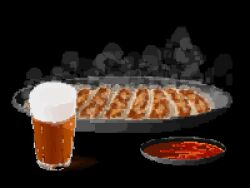  alcohol beer black_background dumpling foam food glass hisachan55cute jiaozi original pixel_art simple_background soy_sauce steaming_food still_life tray 