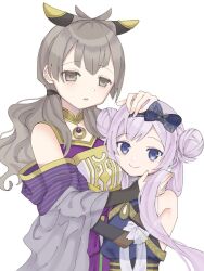  blue_eyes bow bowtie comet543 double_bun grey_hair hair_bun hand_on_another&#039;s_face hug japanese_clothes long_hair magia_record:_mahou_shoujo_madoka_magica_gaiden magical_girl mahou_shoujo_madoka_magica satomi_nayuta twintails white_hair yakumo_mikage 