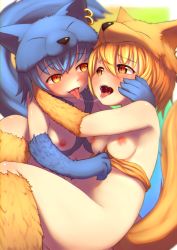  24cakes 2girls after_kiss blonde_hair blue_background blue_hair blurry blurry_background blush border bottomless bra bra_pull breasts cat_o&#039;_nine_tails_(raganarok_online) clothes_pull commentary_request cowboy_shot earrings fox_girl fox_hat fox_tail gloves gradient_background green_background hair_between_eyes halterneck hug jewelry looking_at_another moonlight_flower multiple_girls navel nipples open_mouth ragnarok_online saliva shiny_skin short_hair small_breasts tail tongue tongue_out underwear upper_body white_border yellow_eyes yellow_fur yellow_gloves yellow_legwear yuri 