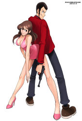  1boy 1girl arched_back arsene_lupin_iii back-to-back brown_hair dress gun handgun high_heels jacket leaning_forward legs long_legs looking_back lupin_iii mine_fujiko pistol red_jacket ryu_(ryu&#039;s_form_site) shoes short_dress sideburns skinny slender tms_entertainment walther weapon  rating:Sensitive score:27 user:danbooru