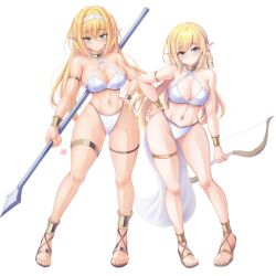  2girls abs absurdres bikini blonde_hair blue_eyes blush bow_(weapon) bracelet braid breasts brown_sandals cleavage closed_mouth collar elf full_body green_eyes groin hand_on_own_hip highleg highleg_bikini highres holding holding_bow_(weapon) holding_polearm holding_weapon jewelry large_breasts long_hair looking_at_viewer metal_collar multiple_girls navel original pointy_ears polearm sandals simple_background spear stomach swimsuit tan thigh_strap toes toned toned_female tong_shui weapon white_background white_bikini 