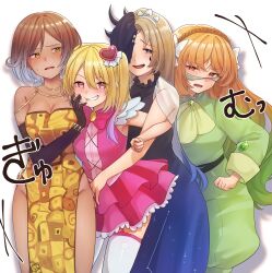  4girls absurdres bangohan_tsubuyakitarou blonde_hair blue_dress blue_eyes bow bowtie brown_eyes brown_hair collared_shirt constellation_print cosplay dark-skinned_female dark_skin don_quixote_(project_moon) dress freckles gloves green_eyes green_shirt green_shorts hair_bow hairband highres ishmael_(project_moon) king_of_greed king_of_greed_(cosplay) knight_of_despair knight_of_despair_(cosplay) leotard limbus_company lobotomy_corporation long_hair long_sleeves multiple_girls necktie open_mouth orange_hair outis_(project_moon) parted_bangs pink_bow pink_bowtie pink_shirt pink_skirt pink_vest print_dress project_moon puffy_shorts queen_of_hatred queen_of_hatred_(cosplay) red_eyes rodion_(project_moon) servant_of_wrath servant_of_wrath_(cosplay) shirt short_hair shorts sidelocks simple_background skirt smile strapless strapless_leotard thighhighs very_long_hair vest white_background yellow_dress yellow_eyes 