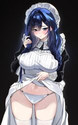  1girl black_background blue_eyes blue_hair blush bonnet braid breasts clothes_lift cowboy_shot dress dress_lift highres hololive hololive_english large_breasts lifting_own_clothes long_hair looking_at_viewer official_alternate_costume official_alternate_hairstyle ouro_kronii ouro_kronii_(maid) panties puffy_sleeves pussy_juice sakichka solo thighhighs twin_braids underwear very_long_hair virtual_youtuber white_panties white_thighhighs 