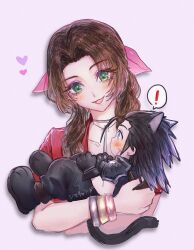  ! 1boy 1girl aerith_gainsborough animal_ears armor baggy_pants bangle black_gloves black_hair blue_eyes blush bracelet brown_hair carrying carrying_person cat_ears cat_tail choker commentary crisis_core_final_fantasy_vii cropped_torso cross_scar earrings facial_scar final_fantasy final_fantasy_vii final_fantasy_vii_rebirth final_fantasy_vii_remake gloves green_eyes hair_ribbon heart highres jacket jewelry looking_at_another open_mouth pants parted_bangs pink_ribbon purple_background red_jacket ribbon scar scar_on_cheek scar_on_face shima_changa shoulder_armor sidelocks spiked_hair spoken_exclamation_mark stud_earrings symbol-only_commentary tail upper_body zack_fair 