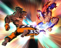 adon_(street_fighter) armband arms_up bandaged_arm bandages barefoot black_hair braid clash clenched_hand clenched_teeth dark-skinned_male dark_skin dee_jay fingerless_gloves gloves grin knee_up knees_together_feet_apart muscular muscular_male orange_gloves orange_hair orange_pants pants pompadour shorts smile street_fighter street_fighter_iv_(series) street_fighter_zero_(series) sweatpants teeth thechamba topless_male