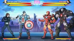  4boys aircraft animification arc_reactor armor armored_bodysuit avengers_(series) belt black_bodysuit blue_bodysuit blue_eyes bodysuit brown_hair bucky_barnes captain_america captain_america:_civil_war captain_america:_the_winter_soldier captain_america_(series) character_name closed_mouth commentary cyborg english_commentary fake_screenshot fighting_game fingerless_gloves full_armor gameplay_mechanics gloves grey_armor guilty_gear guilty_gear_xrd health_bar helmet highres holding holding_shield iron_man iron_man_(series) jacket james_rhodes long_sleeves male_focus marvel marvel_cinematic_universe mask mechanical_arms multiple_boys pants power_armor prosthesis prosthetic_arm red_armor shamserg shield shirt short_hair single_mechanical_arm star_(symbol) steve_rogers striped_bodysuit superhero_costume tony_stark war_machine weapon winter_soldier 