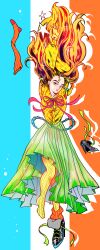  1girl absurdres arms_up breasts commentary_request fingerless_gloves gloves gorgeous_irene gorgeous_irene_(character) green_eyes green_skirt high_heels highres large_breasts long_skirt mugicha_(zoro1132) orange_hair parted_lips shoes single_shoe skirt smile solo sparkle star_(symbol) thighhighs yellow_gloves yellow_thighhighs 
