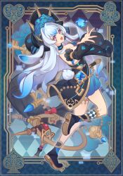  1girl animal_ears aqua_hair black_hat blue_choker blue_dress boots breasts charm_(object) checkered_background checkered_clothes checkered_legwear choker circlekos cleavage club_(shape) detached_sleeves diamond_(shape) dress duel_monster hair_intakes hat heart key large_breasts maliss_&lt;p&gt;_march_hare open_mouth pink_eyes rabbit_ears rabbit_girl rabbit_tail smile solo spade_(shape) tail yu-gi-oh! 
