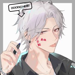  1boy :p aohitsugi_samatoki bead_bracelet beads black_jacket black_shirt body_writing border bracelet collarbone collared_shirt ear_piercing earrings english_text eyes_visible_through_hair grey_background grey_border hand_up holding hypnosis_mic implied_yaoi jacket jewelry looking_at_viewer male_focus marker parted_bangs piercing portrait red_eyes shirt short_hair simple_background solo speech_bubble tongue tongue_out two-tone_background upper_body uzusemi white_background white_hair white_shirt 