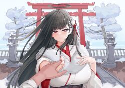  1girl alternate_costume black_hair black_halo blue_archive breasts bright_pupils commentary hair_ornament hairclip halo highres holding_hands huge_breasts japanese_clothes kimono lengkuass long_hair pov pov_hands red_eyes rio_(blue_archive) smile symbol-only_commentary upper_body white_kimono white_pupils 