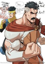  2boys black_hair blue_eyes bodysuit cape clenched_hands english_text facial_hair father_and_son fingerless_gloves gloves grey_hair highres invincible_(character) invincible_(series) male_focus mark_grayson mature_male meme multiple_boys muscular muscular_male mustache nolan_grayson omni-man red_cape superhero_costume sweatdrop think_mark_think!_(meme) tobo_katsuo torn_bodysuit torn_clothes twitter_username watermark 