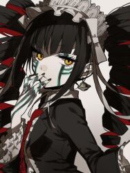  1girl absurdres bell bell_earrings black_hair blazer celestia_ludenberg cosplay danganronpa:_trigger_happy_havoc danganronpa_(series) demi-fiend demi-fiend_(cosplay) drill_hair earrings hand_on_own_cheek hand_on_own_face highres jacket jewelry jpeg_artifacts kornod looking_to_the_side necktie portrait red_necktie shin_megami_tensei shin_megami_tensei_iii:_nocturne solo twin_drills 