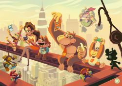 2girls 6+boys ^_^ banana bare_arms bare_shoulders blonde_hair blue_overalls blue_sweater blush bracelet breasts brown_hair building cape city cleavage clenched_teeth closed_eyes cloud commission construction_site crocodilian crossed_legs crown curvy day diddy_kong dixie_kong dk:_king_of_swing donkey_kong donkey_kong_(1981_game) donkey_kong_(series) donkey_kong_country donkey_kong_country_2 donkey_kong_jr. donkey_kong_jr._(game) dress earrings facial_hair fine_art_parody food fruit game_&amp;_watch game_boy game_boy_advance game_boy_micro handheld_game_console hanging hanging_upside-down happy high_heels high_ponytail highres jewelry king_k._rool lunch_atop_a_skyscraper marching mario mario_(series) mario_vs._donkey_kong mario_vs._donkey_kong_2:_march_of_the_minis medium_breasts mini_mario monkey_boy monkey_girl mr._game_&amp;_watch multiple_boys multiple_girls muscular muscular_male mustache necktie nintendo nintendo_3ds nintendo_ds nuri_durr outdoors overalls pantyhose parody pauline_(mario) playing_games ponytail prehensile_tail red_cape red_dress red_lips red_necktie red_overalls red_sweater sharp_teeth skyscraper sleeveless sleeveless_dress smoke standing stiletto_heels sweater tail teeth upside-down