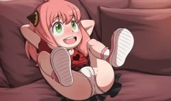 1girl anya_(spy_x_family) arms_behind_head arms_up ass black_skirt blush cameltoe cone_hair_bun couch fat_mons female_focus flat_chest folded full_body g_reaper green_eyes hair_bun highres leaning_back leg_lift legs loli long_hair lying on_back on_couch open_mouth paid_reward_available panties pink_hair pink_shirt presenting sexually_suggestive shirt shoes skirt smile sneakers socks solo spy_x_family teeth underwear upper_teeth_only upskirt white_panties rating:Questionable score:653 user:danbooru