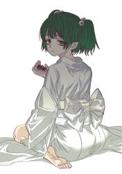  back closed_mouth expressionless green_eyes green_hair grey_nagato highres japanese_clothes kimono kisume kurodani_yamame kurodani_yamame_(spider) long_sleeves looking_at_viewer looking_back medium_hair pointy_ears sitting subterranean_animism touhou two_side_up wariza white_background white_kimono 