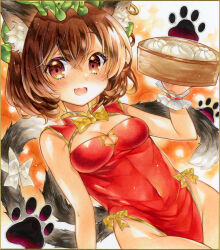  1girl :d adapted_costume animal_ear_fluff animal_ear_piercing animal_ears arm_at_side bare_arms bare_shoulders blush bow bowtie breasts brown_eyes brown_hair cat_ears cat_tail chen cleavage cleavage_cutout clothing_cutout commentary_request cowboy_shot dot_nose double-parted_bangs dress earrings fang food frills gold_trim groin hair_between_eyes hand_up hat jewelry leotard looking_at_viewer marker_(medium) medium_breasts mob_cap multiple_tails nekomata open_mouth paw_print paw_print_background red_dress red_leotard single_earring skin_fang smile solo steamed_bun tail takadono318 touhou traditional_media two_tails wrist_cuffs yellow_bow yellow_bowtie 