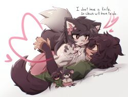  1boy 1girl :3 absurdres artist_name blush brown_eyes brown_hair brown_tail claws commentary english_commentary english_text eye_contact face_piercing fear_&amp;_hunger_(series) fear_&amp;_hunger_2:_termina furrification furry furry_female furry_male girl_on_top green_jumpsuit heart highres jumpsuit levi_(fear_&amp;_hunger) long_hair looking_at_another lying marina_(fear_&amp;_hunger) mouth_piercing on_back open_mouth piercing pink_skirt shirt short_hair simple_background skirt ssnorkkles white_background white_shirt 