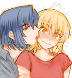  1boy 1girl athrun_zala blonde_hair blue_hair blush cagalli_yula_athha collared_shirt couple full-face_blush green_eyes grey_shirt gundam gundam_seed hetero highres kimi88407604 licking licking_another&#039;s_cheek licking_another&#039;s_face medium_hair orange_eyes red_shirt shirt short_hair short_sleeves sketch sweatdrop tongue tongue_out upper_body white_background wing_collar 