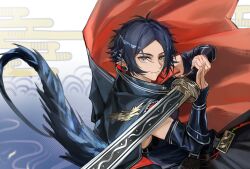  1boy arknights armor bai_hai_kong_lu black_cape black_hair black_sleeves black_tail cape chinese_commentary commentary_request detached_sleeves earrings egasumi fingernails grey_eyes hair_between_eyes halftone halftone_background highres holding holding_sword holding_weapon jewelry long_sleeves looking_at_viewer male_focus parted_bangs pointy_ears red_cape short_hair solo sword tail two-handed two-sided_cape two-sided_fabric vambraces weapon zuo_le_(arknights) 