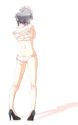 1girl ass back bad_id bad_pixiv_id black_footwear bra braid butt_crack female_focus from_behind high_heels highres izayoi_sakuya maid_headdress non_(z-art) panties shadow shirt silver_hair solo touhou twin_braids underwear undressing white_background white_bra white_panties white_shirt rating:Sensitive score:20 user:danbooru