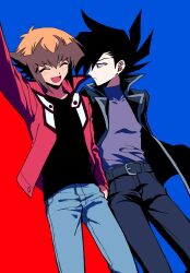  2boys arm_up belt belt_buckle black_belt black_coat black_hair black_pants black_shirt black_trim blue_pants blush brown_hair buckle closed_eyes closed_mouth coat collared_coat commentary_request denim dot_nose dutch_angle feet_out_of_frame flowercrabcake frown grey_trim hand_in_pocket highres jacket jeans korean_commentary lapels laughing long_sleeves looking_at_another male_focus manjoume_jun multiple_boys open_mouth pants popped_collar purple_shirt red_jacket shirt shirt_tucked_in sideburns spiked_hair tongue yu-gi-oh! yu-gi-oh!_gx yuki_judai 