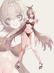 1girl absurdres bikini blush breasts brown_bikini brown_eyes brown_feathers brown_hair brown_shoes cleavage collarbone feather_hair_ornament feathers fueppu full_body hair_ornament highres hololive hololive_english long_hair looking_at_viewer midriff multicolored_hair nanashi_mumei navel open_mouth sandals shoes standing stomach streaked_hair swimsuit teeth thighs virtual_youtuber 