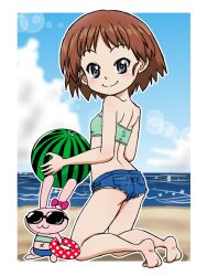  1girl 1other ball bare_shoulders barefoot beach beachball blue_sky breasts brown_hair cloud crop_top denim food from_behind from_side fruit girls_und_panzer green_tube_top grey_eyes holding holding_food holding_fruit holding_watermelon kneeling mascot navel pink_ribbon pointy_hair rabbit ribbon sakaguchi_karina short_hair short_shorts shorts sky small_breasts strapless sunglasses swimsuit takahashi_kurage tube tube_top watermelon 