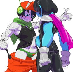  ahoge android antenna_hair armor ass bare_legs black_bodysuit black_gloves black_hair blue_eyes blue_hair blue_skin bodysuit bodysuit_under_clothes breastplate cape clenched_hand colored_skin covered_eyes crossdressing deltarune doukutsu_monogatari expressionless fingerless_gloves floating_cape frottage gauntlets gloves greaves green_cape green_panties grey_armor hat highres howiee kris_(deltarune) panties pants penis penises_touching pink_cape quote_(doukutsu_monogatari) red_hat red_pants red_scarf saliva scarf shirt short_hair shoulder_armor sleeveless sweat sweatdrop tank_top tight_clothes tight_shirt underwear white_background white_skin yaoi  rating:Explicit score:17 user:Abraham01134