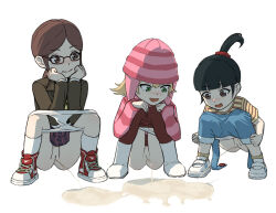  3girls agnes_(despicable_me) beanie black_hair black_shirt black_skirt blonde_hair blue_overalls blush boots brown_eyes brown_hair brown_jacket character_print clothes_pull denim_overalls despicable_me edith_(despicable_me) glasses green_eyes hat head_rest iqwe jacket loli long_hair long_sleeves looking_down looking_to_the_side lorax_(character) margo_(despicable_me) multiple_girls open_clothes open_jacket open_mouth overalls overalls_pull panties panty_pull pantyhose pantyhose_pull peeing peeing_together pink_hat pink_sweater plaid_clothes plaid_skirt ponytail print_shirt puddle pussy red_pantyhose red_shoes red_skirt scrunchie shirt shoes short_hair short_sleeves siblings sisters skirt smile sneakers socks squatting striped_clothes striped_headwear striped_shirt striped_sweater sweater the_lorax topknot underwear white_background white_boots white_panties white_shoes white_socks yellow_shirt yellow_socks 