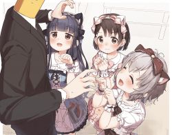 &gt;:) 1boy 3girls :d ^_^ animal_ears black_hair blazer blunt_bangs blush bow brown_eyes brown_hair cat_ears closed_eyes closed_mouth collared_shirt cross-laced_clothes dress frilled_dress frills grey_hair hair_bow highres idolmaster idolmaster_cinderella_girls jacket long_hair long_sleeves multiple_girls narumiya_yume necktie open_mouth paw_pose producer_(idolmaster) sajo_yukimi sasaki_chie shirt short_hair smile v-shaped_eyebrows white_shirt wristband yukie_(kusaka_shi) rating:General score:22 user:danbooru