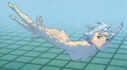  1girl :t ass ayanami_rei back blue_hair breasts bubble caustics completely_nude foreshortening from_side highres holding_breath legs medium_breasts neon_genesis_evangelion nipples non-web_source nude outstretched_arms pale_skin pool pout red_eyes short_hair skinny_dipping solo spread_arms swimming third-party_edit tiles tsurumaki_kazuya underwater 