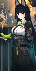  1boy 3girls absurdres animal_ears asaba_harumasa black_hair black_skirt blue_skin blush cat closed_mouth colored_skin dress_shirt earrings fingerless_gloves food fork fox_ears fox_girl fruit gauntlets gloves green_jacket high-waist_skirt highres holding holding_fork hoshimi_miyabi indoors jacket jewelry long_hair looking_at_viewer mi_ning multiple_girls oni red_eyes shirt short_hair sidelocks single_fingerless_glove skirt smile soukaku_(zenless_zone_zero) tailless_(zenless_zone_zero) tsukishiro_yanagi white_hair white_shirt zenless_zone_zero 