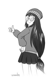 1girl artist_name beanie chekhov female_focus fingernails glasses hand_on_own_hip hat jacket long_hair milestone monochrome non-web_source opaque_glasses ponytail radirgy rimless_eyewear round_eyewear school_uniform sidelocks signature skirt smile smirk solo tadayo_aita thumbs_up