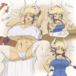  1girl :t abs absurdres animal_ears baguette bell bird blonde_hair blue_overalls bread breasts brown_hair cameltoe cathyl chicken coffee coffee_mug commentary covered_erect_nipples cow_ears cow_girl cow_horns cow_tail cowbell cup daniel_celestino eating english_commentary english_text food fried_egg highres horns huge_breasts monster_musume_no_iru_nichijou mug multicolored_hair muscular muscular_female navel neck_bell overalls panties table tail tank_top two-tone_hair underwear white_horns white_panties white_tank_top yellow_eyes 