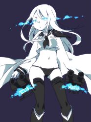  1boy 1girl abyssal_ship black_neckerchief black_panties black_sailor_collar closed_mouth colored_skin crop_top glowing glowing_eyes hair_between_eyes hime_takeo kantai_collection long_hair long_sleeves looking_at_viewer midriff neckerchief one-hour_drawing_challenge panties rigging sailor_collar ship_turret solo ta-class_battleship teeth underwear white_hair white_skin wide_sleeves 