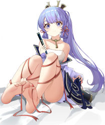  1girl 2022 absurdres amiemie117 ayaka_(genshin_impact) black_hair blue_eyes closed_mouth folding_fan genshin_impact hair_ornament hair_ribbon hand_fan highres jewelry knees_up leg_ribbon looking_at_viewer necklace panties ponytail ribbon sitting smile solo underwear white_background white_panties  rating:Sensitive score:37 user:danbooru