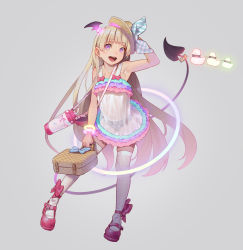 1girl :d absurdres arm_up armpits bag bare_arms blonde_hair bow commentary_request demon_girl demon_tail dress fangs full_body grey_background handbag hat hat_bow highres holding holding_bag loli long_hair looking_at_viewer muk_(monsieur) open_mouth original panties pink_shoes purple_eyes rubber_duck see-through_clothes see-through_dress shoes skindentation sleeveless smile solo standing striped sun_hat tail thighhighs underwear very_long_hair white_dress rating:Sensitive score:230 user:danbooru