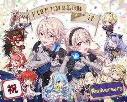  5boys 6+girls anniversary armor azura_(fire_emblem) basket black_hairband blonde_hair blue_hair blush bow breasts brother_and_sister brown_hair camilla_(fire_emblem) cape chibi cleavage closed_eyes closed_mouth dress drill_hair elbow_gloves elise_(fire_emblem) female_corrin_(fire_emblem) fingerless_gloves fire_emblem fire_emblem_fates gloves grey_hair hair_between_eyes hair_bow hair_ornament hair_over_one_eye hairband half-siblings happy_anniversary highres hinoka_(fire_emblem) hiyori_(rindou66) holding holding_basket japanese_clothes jewelry large_breasts leo_(fire_emblem_fates) long_hair looking_at_viewer male_corrin_(fire_emblem) multicolored_hair multiple_boys multiple_girls nintendo open_mouth orange_eyes pink_hair pointy_ears ponytail purple_hair red_eyes red_hair ryoma_(fire_emblem) sakura_(fire_emblem) short_hair siblings smile takumi_(fire_emblem) thighhighs tiara twin_drills twintails veil very_long_hair wavy_hair white_dress white_hair xander_(fire_emblem) yellow_eyes 