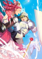  1boy 1girl alternate_skin_color armor blonde_hair blue_eyes blue_sky blush carrying cookie_run crown dress frilled_dress frills helmet hetero humanization imam_(oozlo) knight knight_cookie korean_commentary mini_crown pink_dress pink_hair princess princess_carry princess_cookie ringlets shield sky small_sweatdrop staff teeth upper_teeth_only 